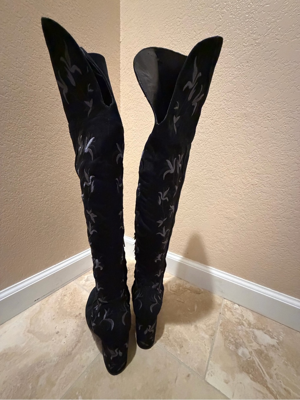 Kenneth Cole Black Over-The-Knee Embroidered Boots